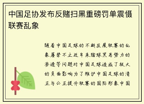 中国足协发布反赌扫黑重磅罚单震慑联赛乱象