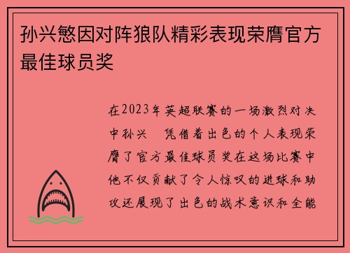 孙兴慜因对阵狼队精彩表现荣膺官方最佳球员奖